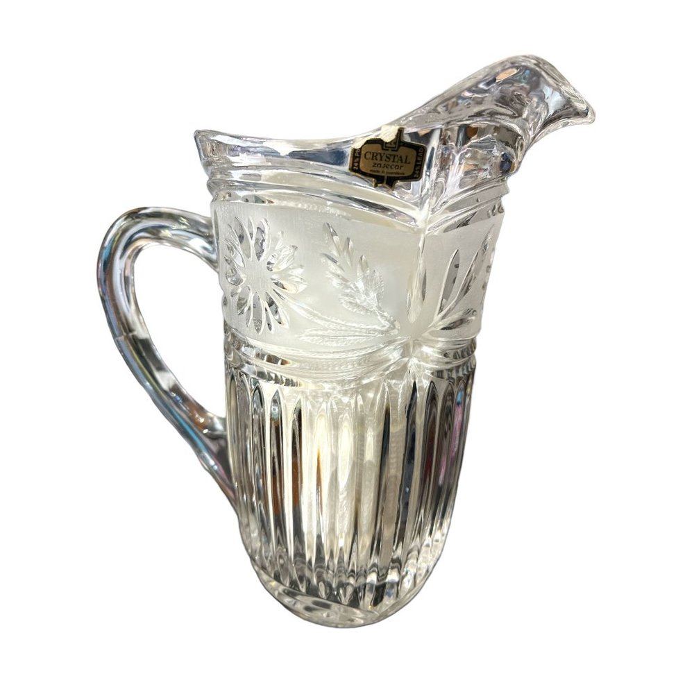 Vintage Zajecar 24% Hand Cut Crystal Pitcher Heavy Floral Design Frosted Backgro